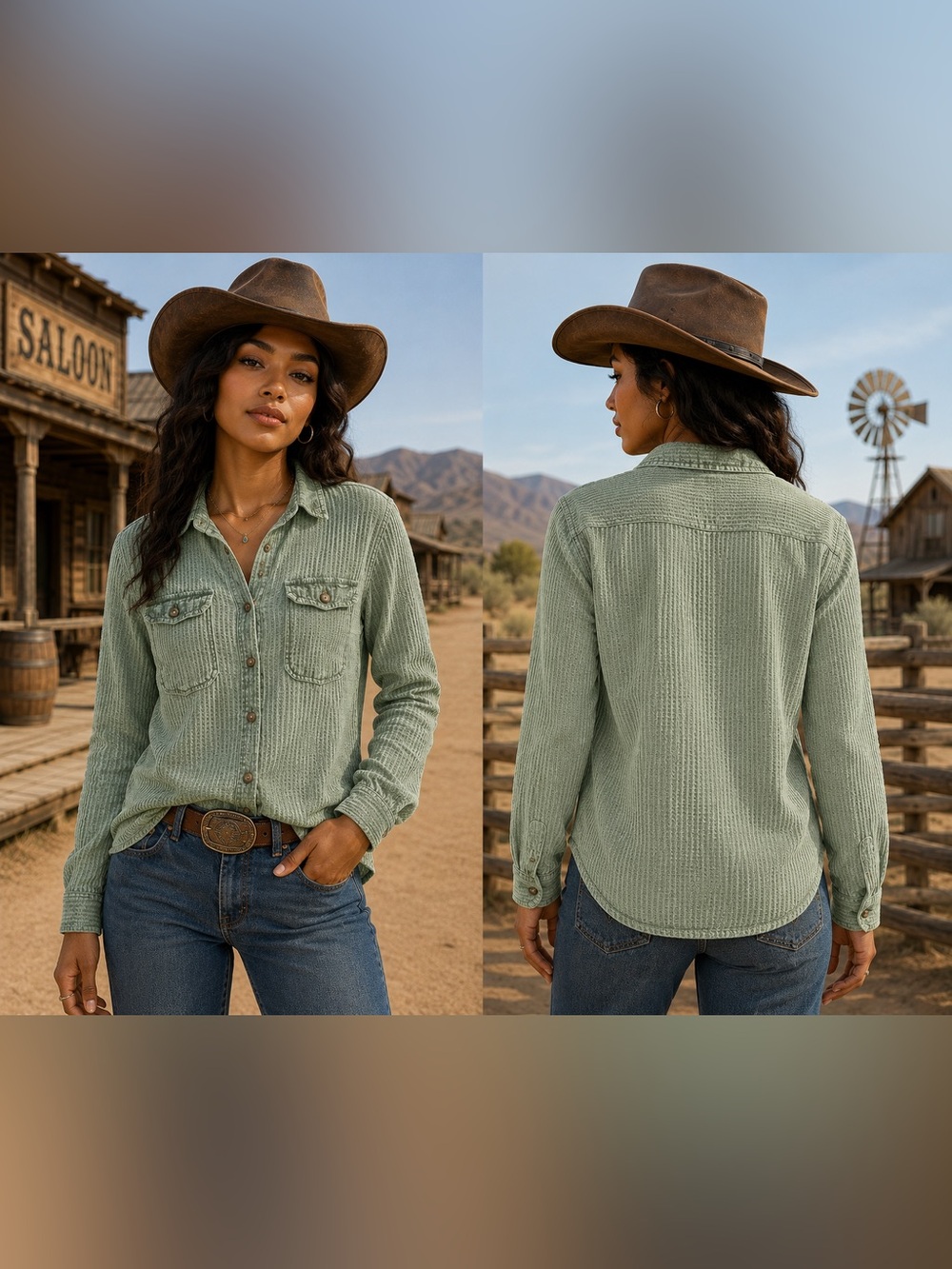 Women’s Western Waffle Knit Button Up Shirt Olive Green Long Sleeve Cowboy Ranch